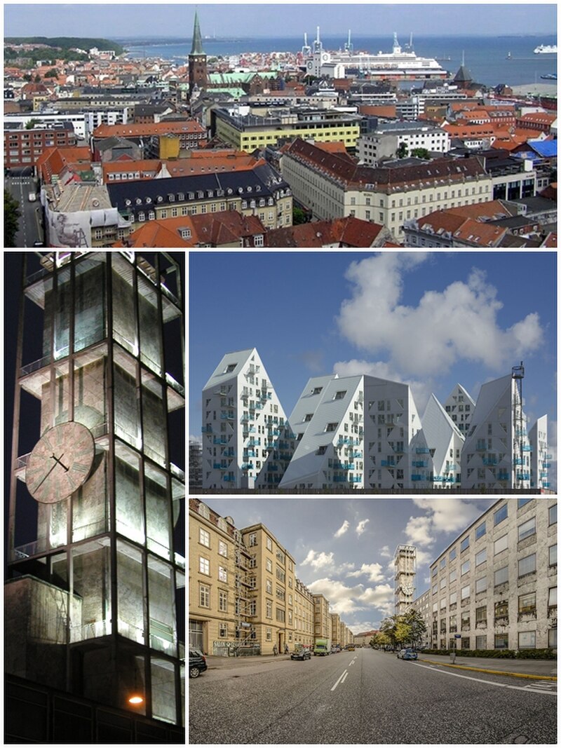 Anosmoman, Montage of Aarhus - view from city hall, city hall by night, isbjerget, park alle, CC BY 3.0